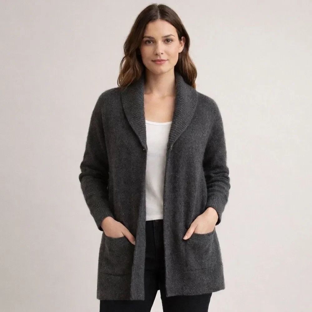 Karen Scott Wool Cardigan Large Gray Open Front Cozy Sweater
